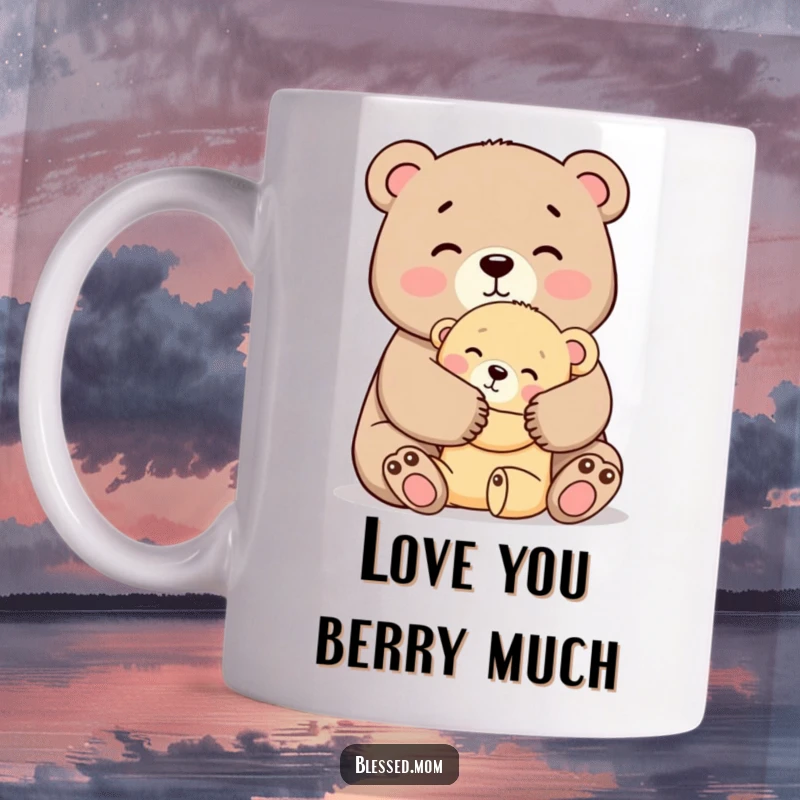 Funny Mama Bear Hug Mug, kawaii mother bear tightly hugging her cub with affection, heartwarming animal art, perfect loving gift.