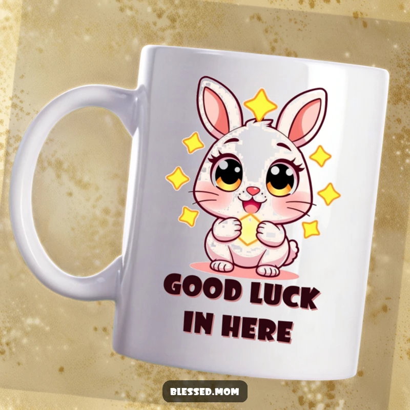 Funny mug featuring a cheerful rabbit character with wide eyes, holding a glowing charm, radiating innocence and wonder.