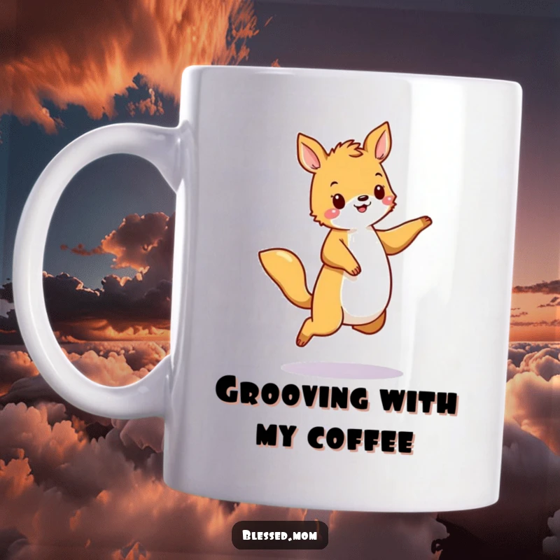 Funny Mug depicting an animal dancing with a subtle, happy sway, full of movement and joy. A perfect funny gift.