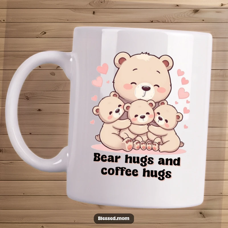 Heartwarming bear mom hugging cubs surrounded by glowing hearts, symbolizing nurturing love and maternal affection.