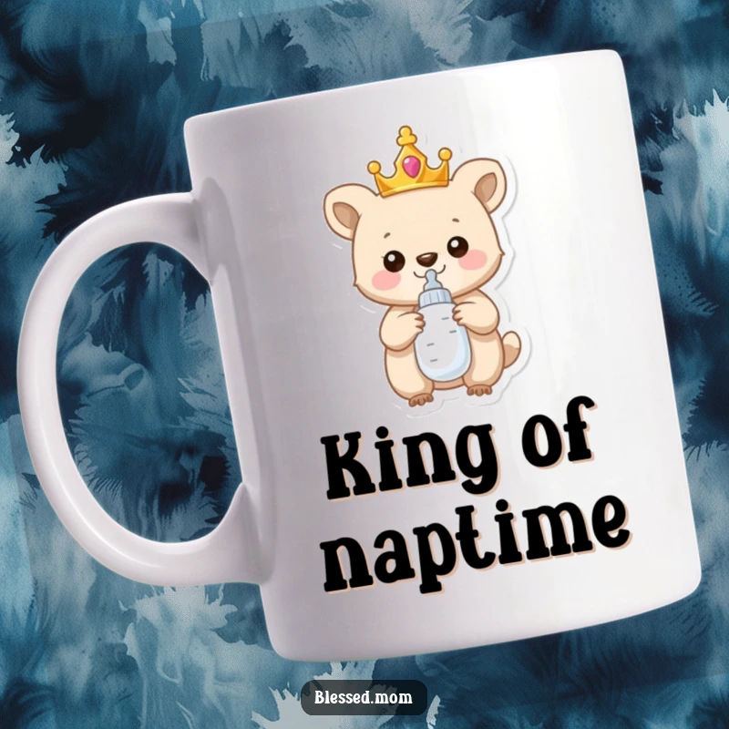 Funny Mug: Tiny crowned animal proudly holds a baby bottle, embodying new parent exhaustion and joy, a humorous gift.