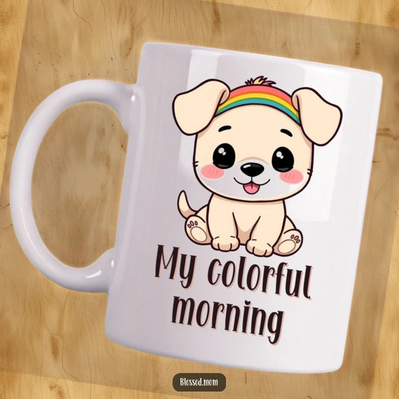 Funny Puppy Rainbow Mug: A happy puppy balances a small rainbow on its head, radiating pure joy. A cheerful and funny gift.