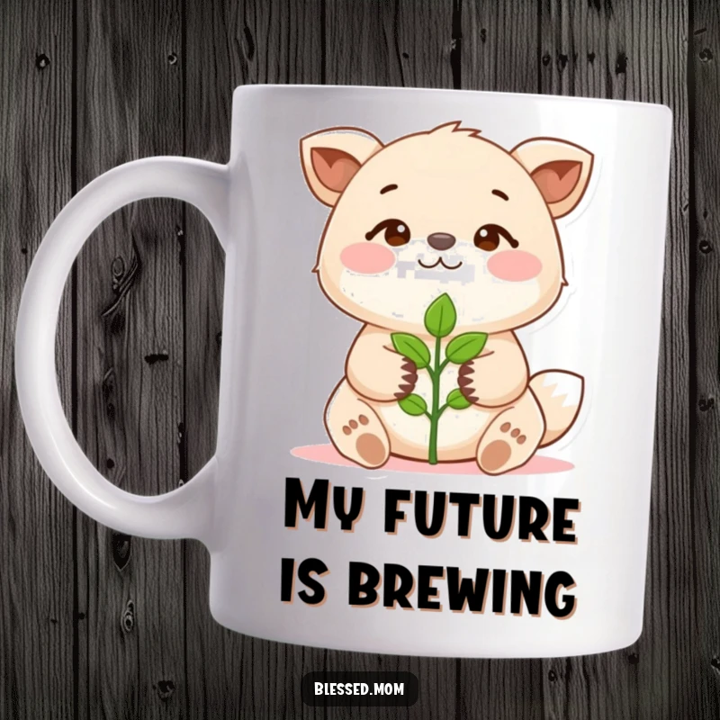 Funny Mug showing a proud animal holding a tiny sprout, symbolizing growth and new beginnings. A humorous and inspiring funny gift.