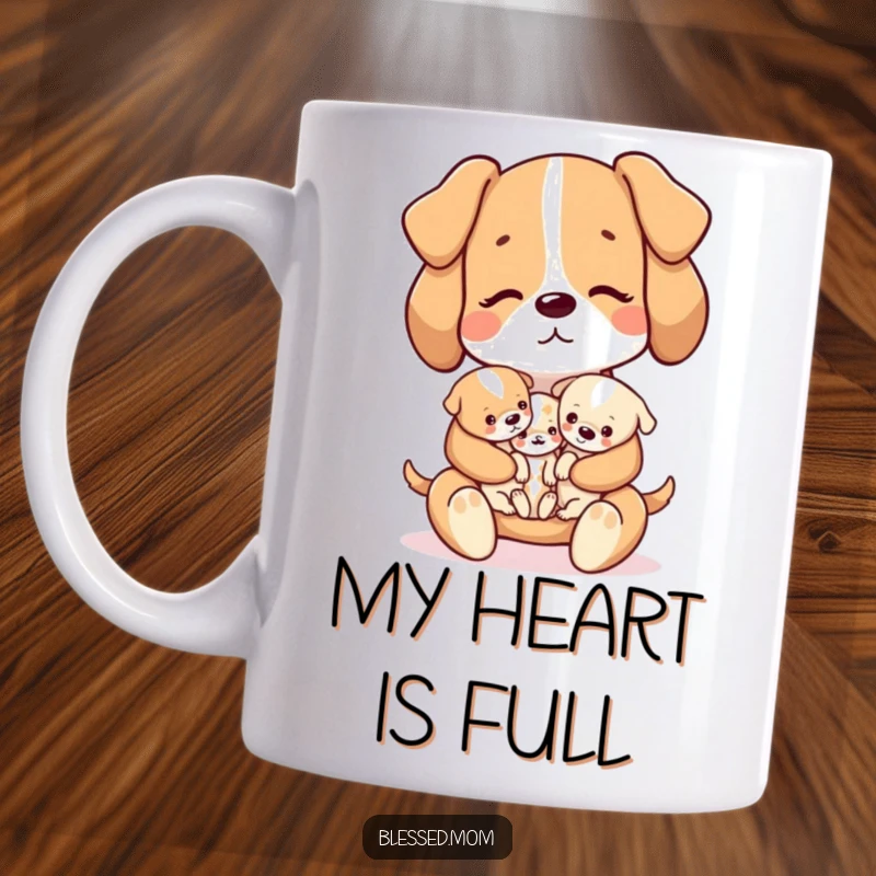 Funny kawaii dog mom lovingly holding a basket of tiny puppies on a ceramic mug, a sweet gift.