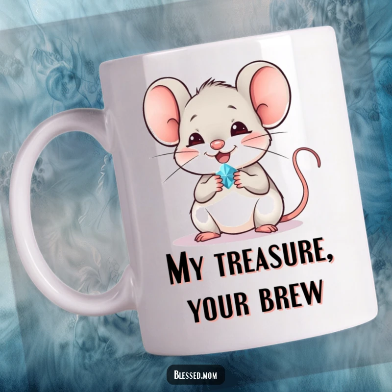 Funny mouse mug featuring a cheerful mouse holding a tiny, sparkling jewel, symbolizing joy and precious moments.