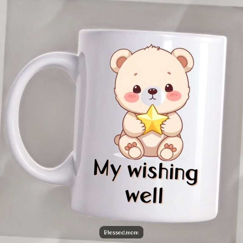 Funny Bear Cub Mug: Cute cub gently cradles a tiny, shimmering star, radiating wonder. Perfect for a magical and humorous gift.
