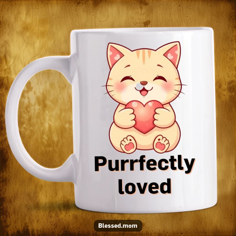 Funny Cat Mug: A smiling cat gently cradles a small, glowing heart, radiating love and affection. A heartwarming and funny gift.