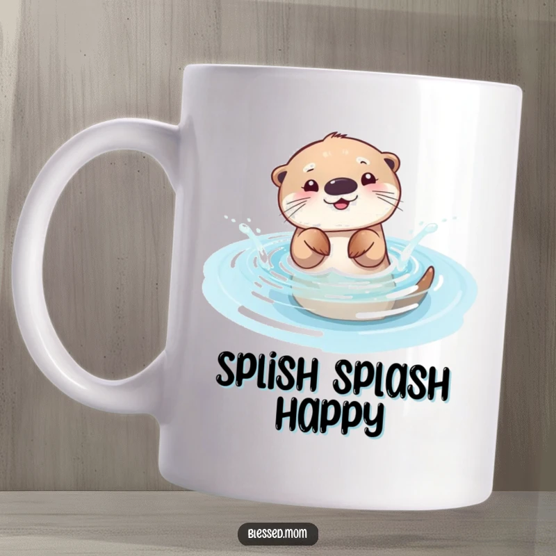 Funny otter mom mug, a playful mama otter splashing joyfully in a shallow, sparkling pool, symbolizing fun and carefree moments.