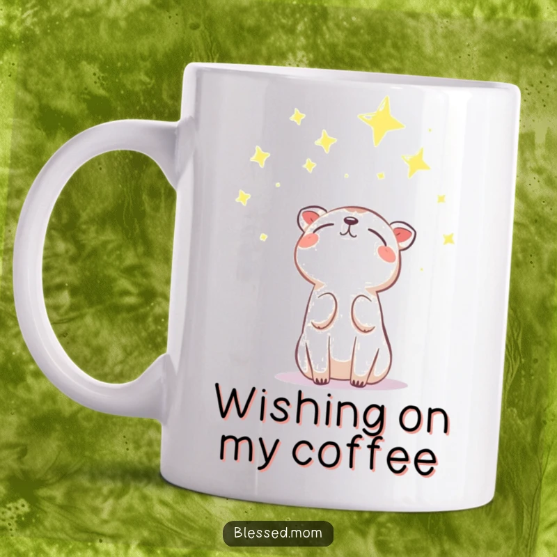 Funny Mug depicting an animal looking up with hopeful gratitude towards glowing stars, radiating wonder and belief. A perfect funny gift.