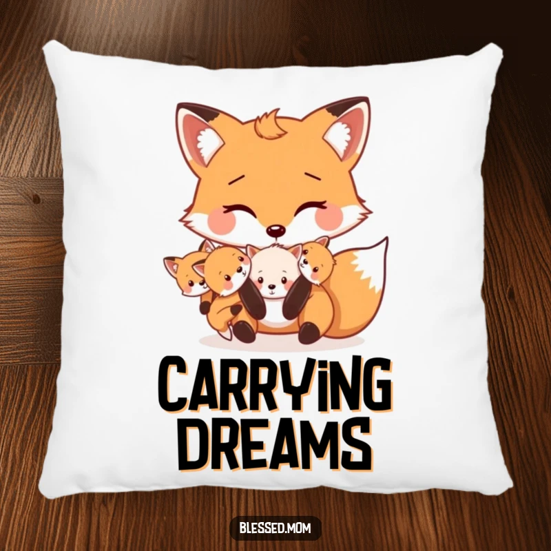 Funny Mama Fox pillow features a cute fox carrying its kits playfully in its mouth, symbolizing warmth and maternal joy.