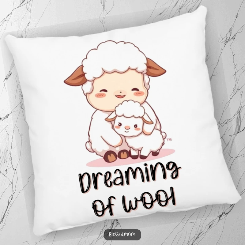 A soft pillow featuring a contented sheep mom nuzzling her fluffy lamb, bringing gentle comfort and peaceful vibes to any space.