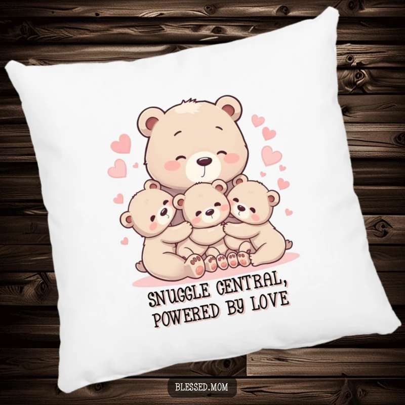 Cozy bear mom pillow featuring a gentle hug with cubs amidst glowing hearts, offering comfort and love.