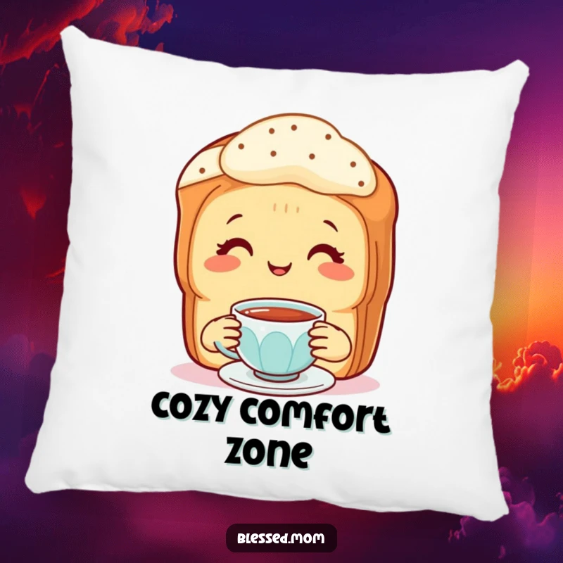 Funny Pillow: A smiling mother scone offering a tiny cup of tea, cozy and inviting.