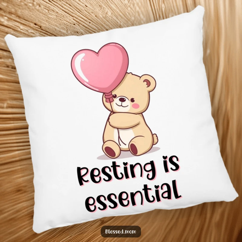 Funny kawaii bear mom hugging a large heart balloon on a plush pillow, a comforting gift.