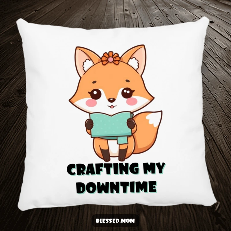 Funny kawaii fox mom proudly displaying a handmade craft on a plush pillow, a comforting gift.
