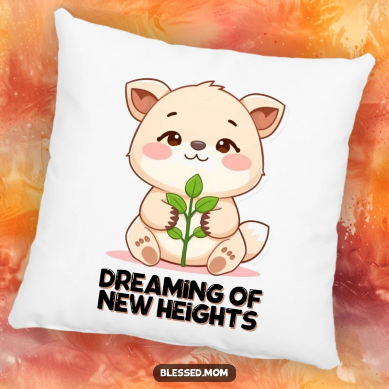 Funny Pillow with a proud animal holding a sprout, representing growth and new life. A soft and funny gift.