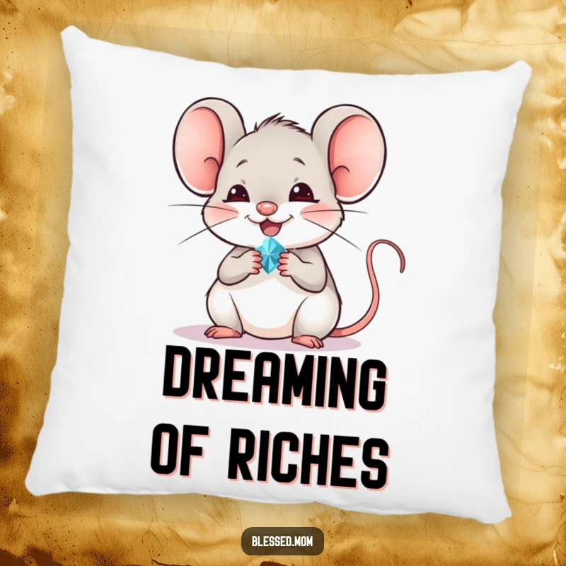 Funny mouse pillow with a cheerful mouse offering a tiny, sparkling jewel, providing soft comfort and whimsical charm.
