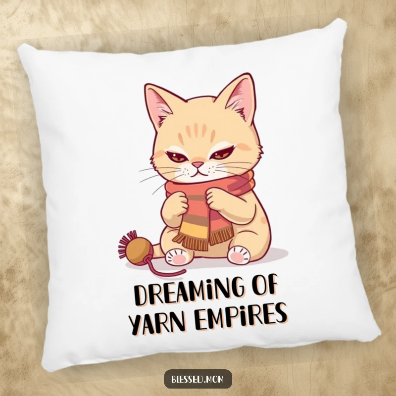 Cozy cat knitting pillow with a determined cat crafting a scarf, offering comfort and a touch of humor.