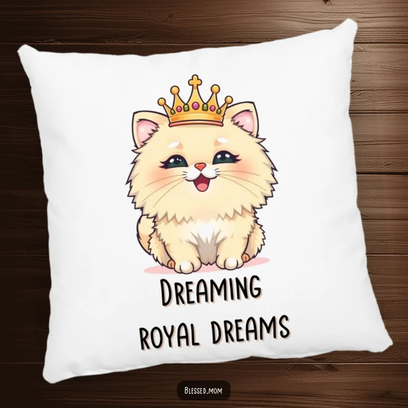 Funny pillow featuring a fluffy cat wearing a tiny crown, beaming with pride, offering comfort and a touch of humor.