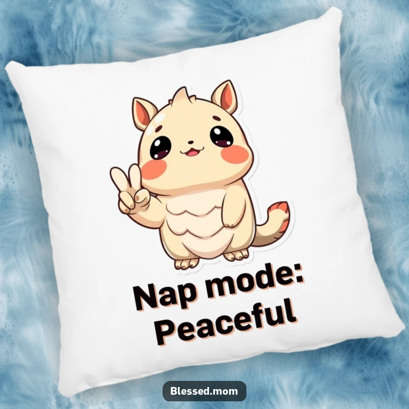 Funny Pillow with a grateful creature holding a peace sign, offering cozy comfort and positive vibes, an ideal funny gift.