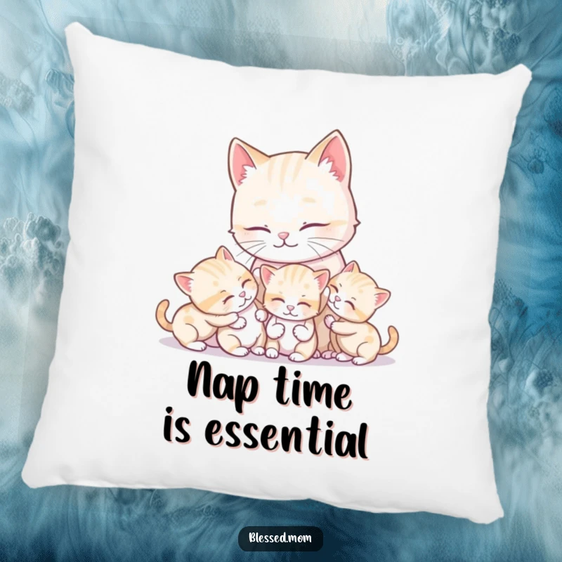 Funny kawaii mother cat grooming her playful kittens, a soft and cuddly pillow adding charm and humor to any living space.