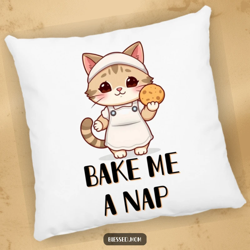 Funny kawaii cat mom pillow, featuring a cute cat mom in a cozy apron offering a warm cookie, perfect for comfort and decor.