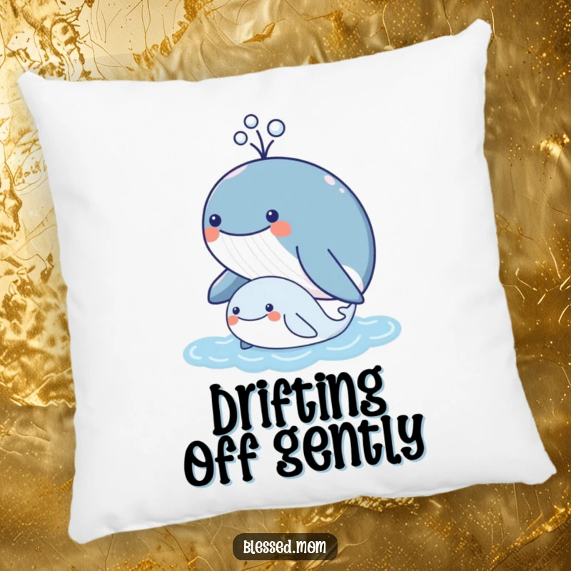 Funny kawaii mother whale spouting water over her calf, soft plush pillow, adorable ocean comfort, perfect funny gift.