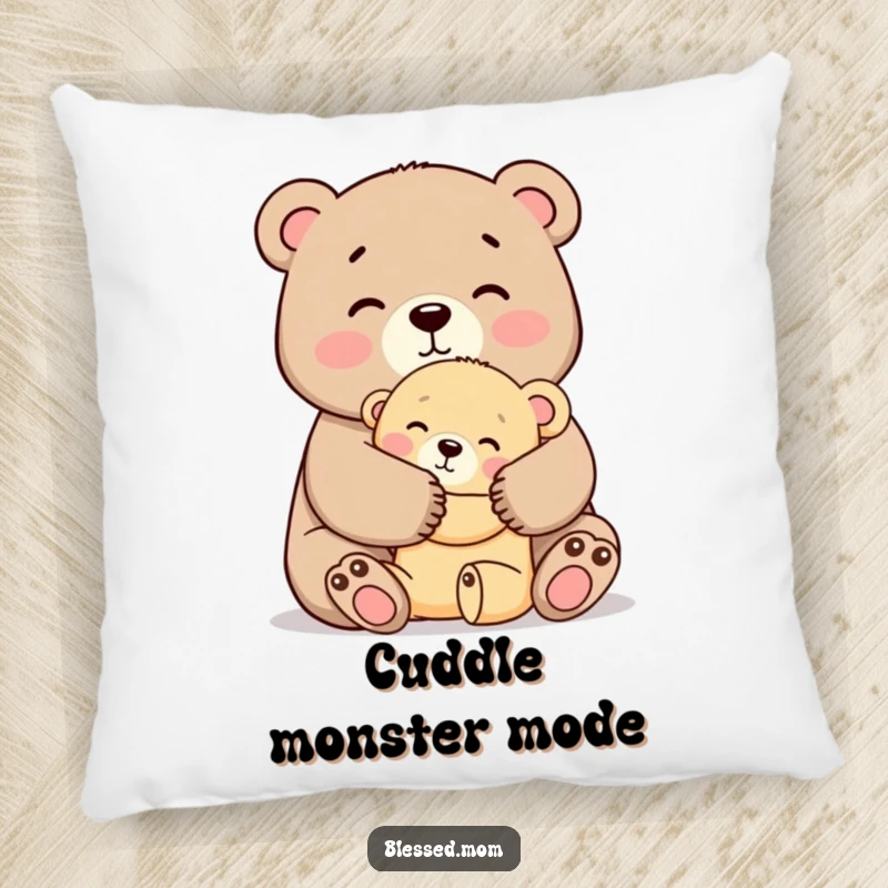 Funny Mama Bear Hug Pillow, a kawaii mother bear tightly hugging her cub with affection, soft and decorative, ideal funny gift.