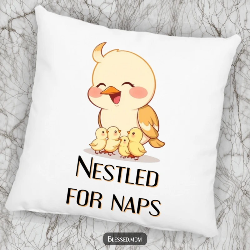 Funny mama bird pillow, featuring a smiling mother bird feeding tiny chicks from her beak. Soft and wonderfully sweet.