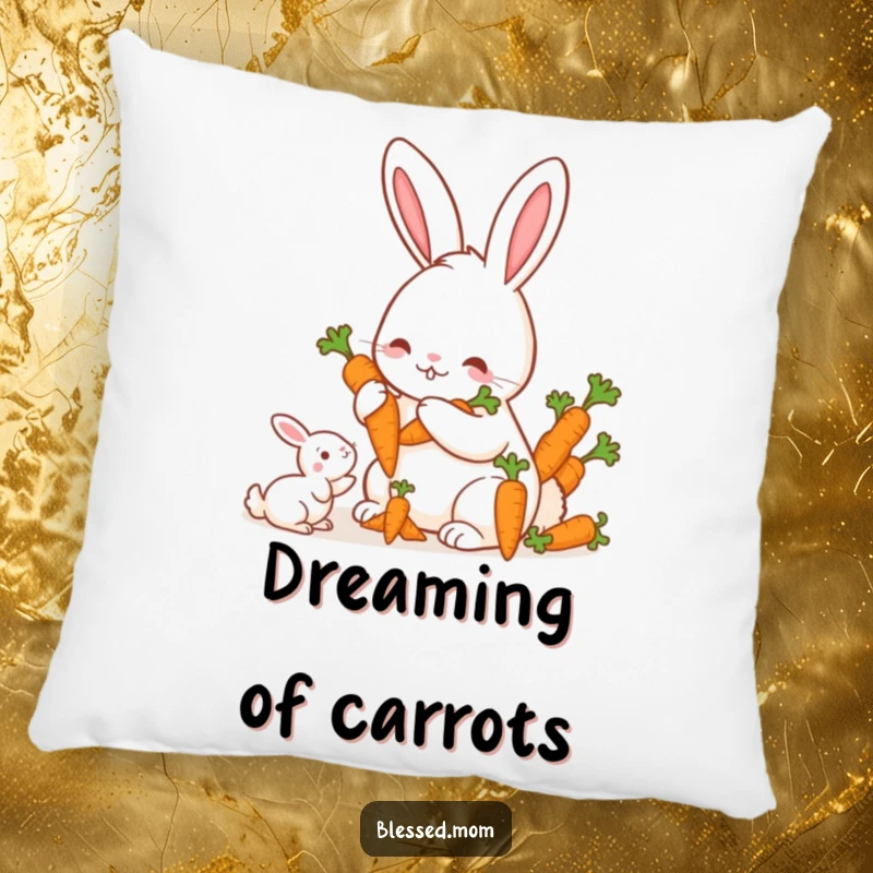Funny Mama Rabbit Carrots Pillow, a cute mother rabbit offering a bunch of carrots to her offspring, soft and decorative, ideal funny gift.