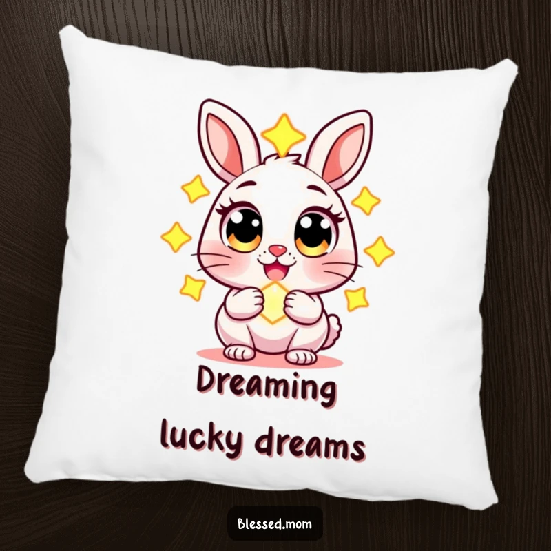 Funny pillow depicting a cheerful rabbit character with wide eyes, holding a glowing charm, soft and whimsically magical decor.