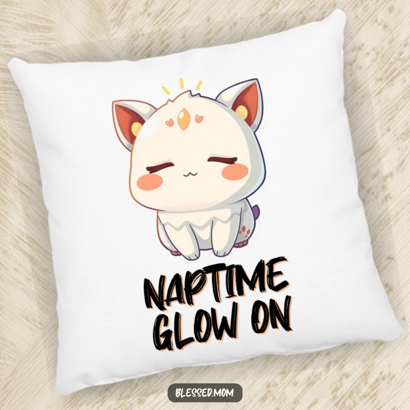 Funny Pillow with a creature's eyes closed, radiating a warm, gentle glow, offering cozy comfort and peaceful vibes, an ideal funny gift.