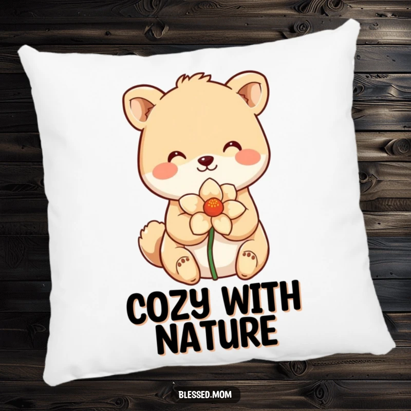 Funny Pillow with a smiling animal cradling a flower, embodying sweetness and joy. A soft and funny gift.