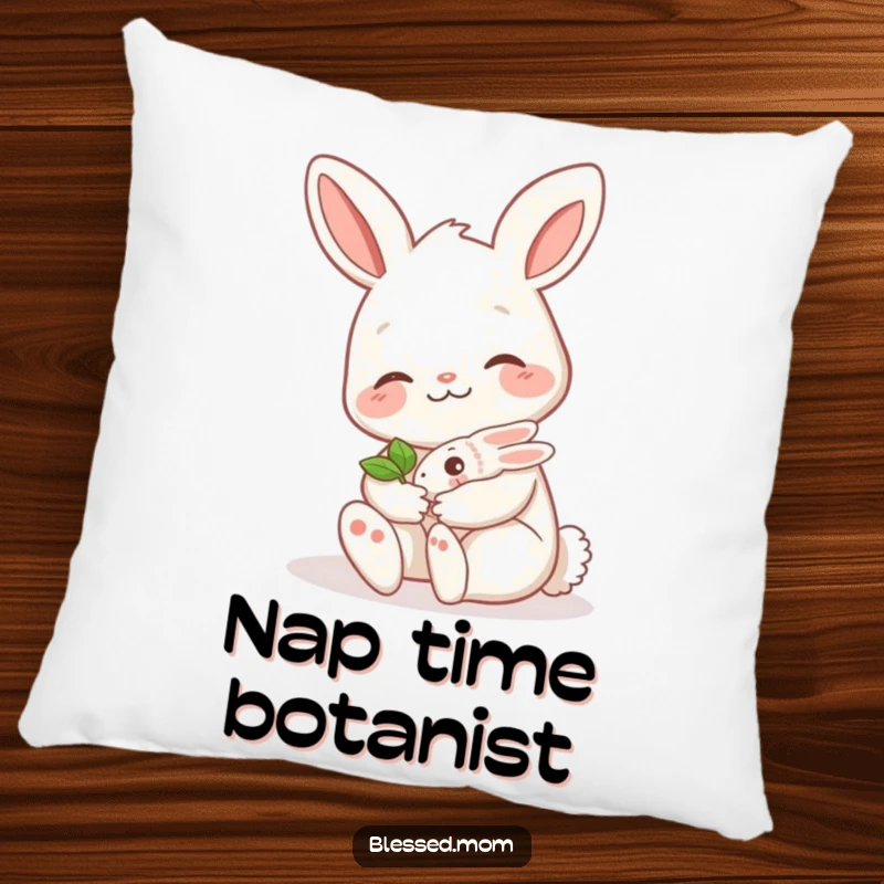 Funny bunny mom pillow, featuring a cute mama bunny gently holding a tiny green sprout, offering comfort and a touch of humor.