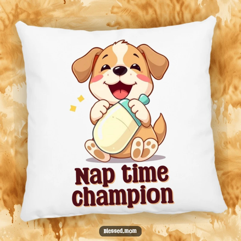 Funny pillow depicting a playful dog character joyfully cradling a shiny baby bottle, soft and humorous decor.
