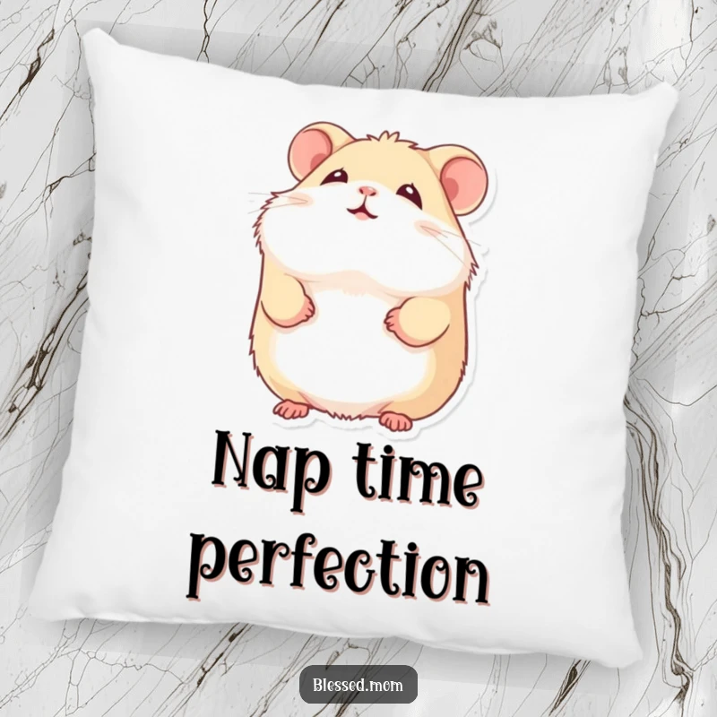 Funny hamster pillow with a fluffy hamster smiling gently and looking upward, offering plush comfort and heartwarming charm.