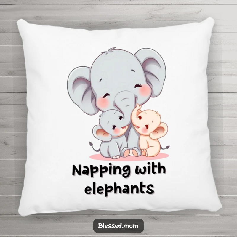Funny elephant mom tickling her baby with her trunk, depicted on a soft pillow, offering a humorous and comforting touch to any room.