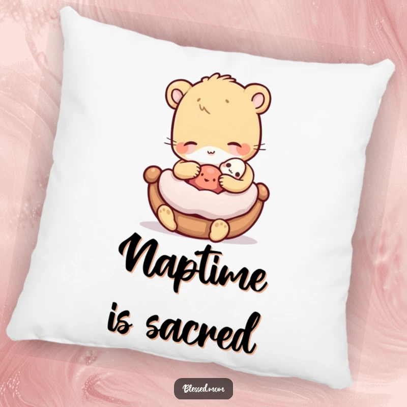 Funny Pillow with a gentle animal rocking a miniature cradled object, offering cozy comfort and heartwarming charm, an ideal funny gift.