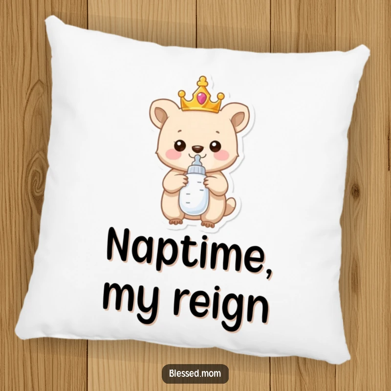 Funny Pillow: A proud, crowned baby animal holding a baby bottle, adding humorous, cozy charm to any seating.
