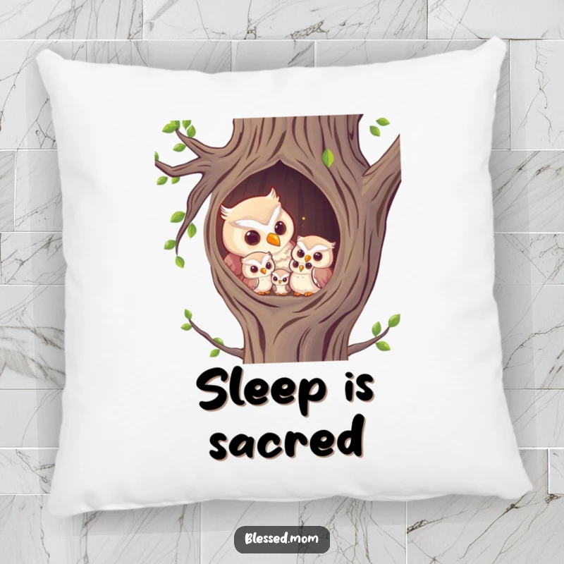Funny Pillow: A mother owl hooting to her owlets in their warm, secure tree hollow.