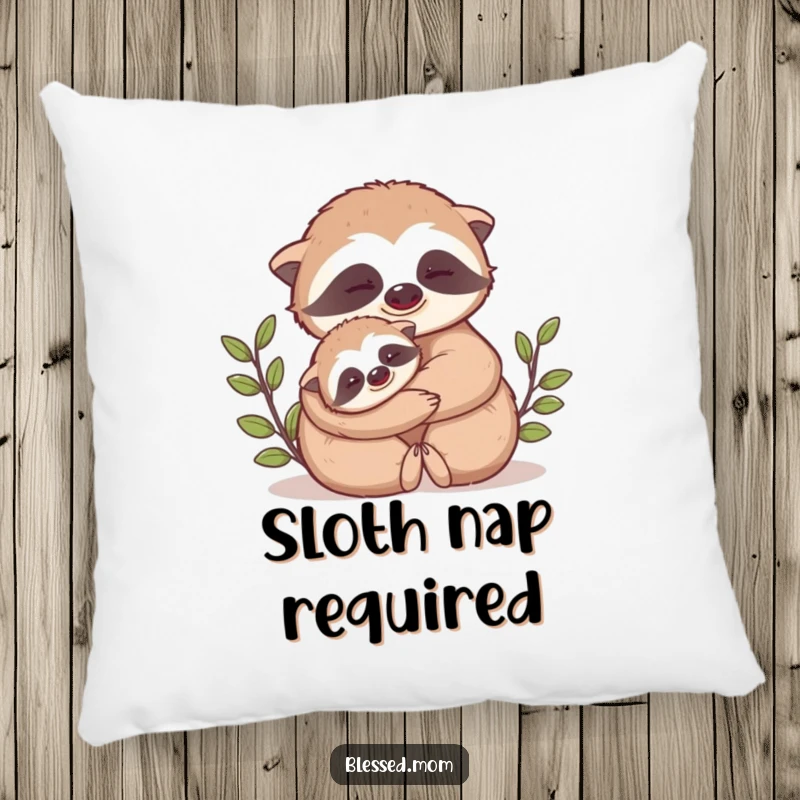 Funny Mama Sloth pillow features a cute mama sloth slowly hugging her baby close, symbolizing warmth and maternal love.