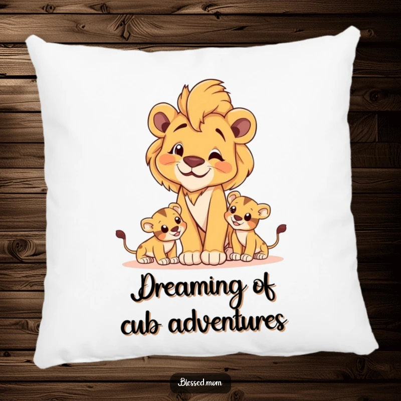 Soft lioness mom pillow featuring a proud lioness observing playful cubs, symbolizing comfort and strength.