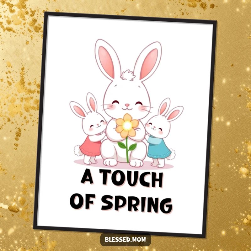 Funny kawaii bunny mom presenting sparkling flowers on a downloadable digital art print, a sweet gift.