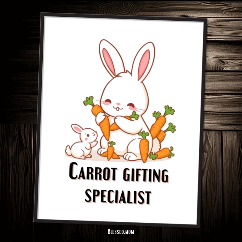 Funny Mama Rabbit Carrots Digital Art Print, a cute mother rabbit offering a bunch of carrots to her offspring, charming and heartwarming, instant funny gift download.