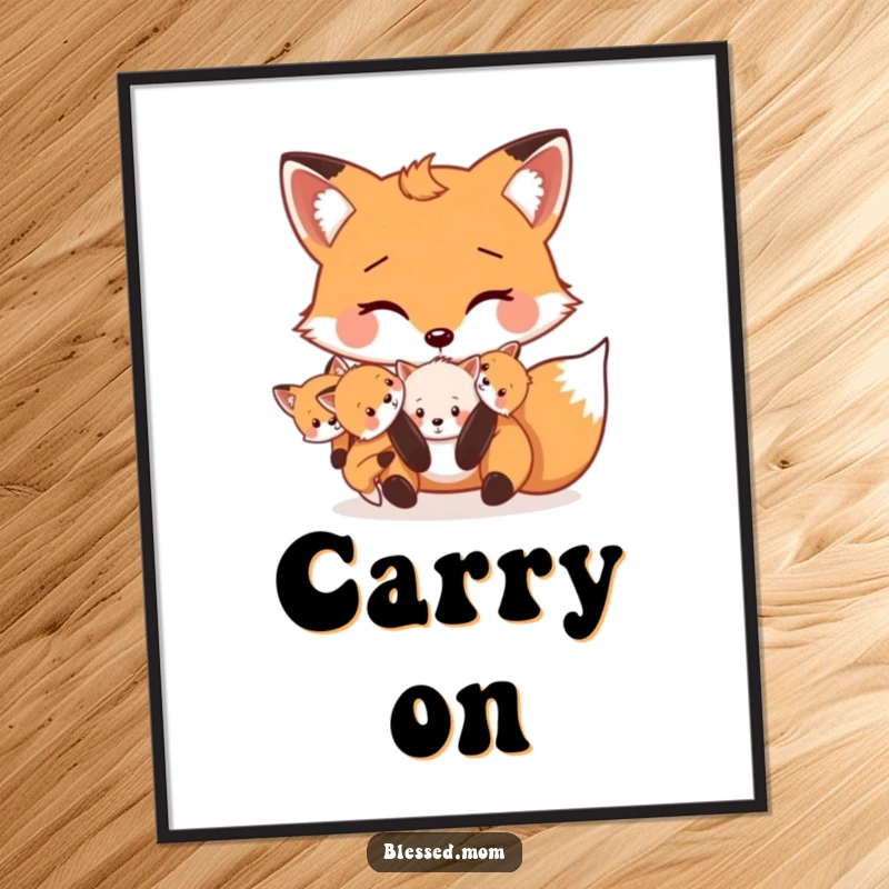 Funny Mama Fox digital art print shows a cute fox carrying its kits playfully in its mouth, capturing a moment of maternal joy.