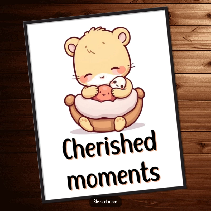 Funny Digital Art Print of a gentle animal rocking a miniature cradled object, bringing heartwarming charm and tenderness.