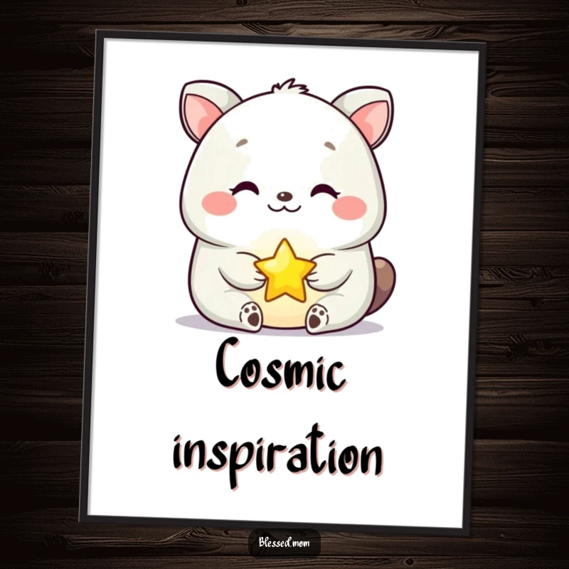 Funny Digital Art Print of a serene happy animal holding a tiny glowing star, adding whimsical joy and peaceful vibes to any room.