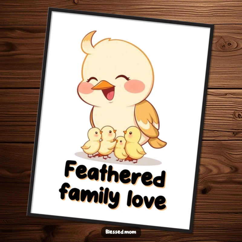 Funny mama bird digital art print, showcasing a smiling mother bird feeding her tiny chicks from her beak, symbolizing care.