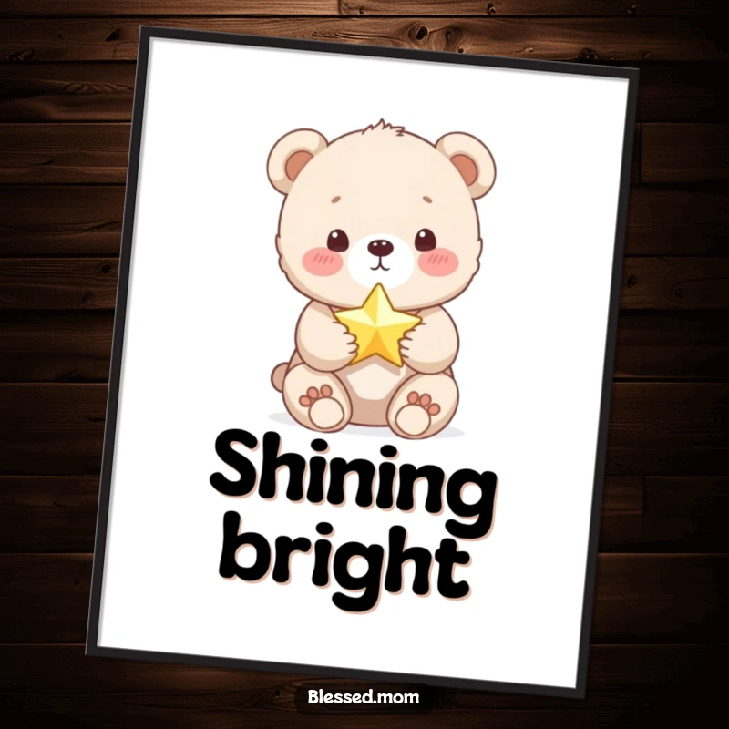 Funny Bear Cub Digital Art Print: Cute cub holds a tiny, shimmering star, radiating magic. Perfect for instant, funny decor.