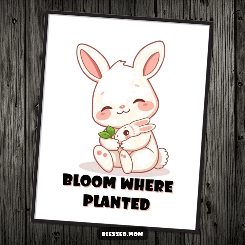 Funny bunny mom digital art print, showcasing a smiling mama hare tenderly cradling a tiny sprout, symbolizing love and growth.